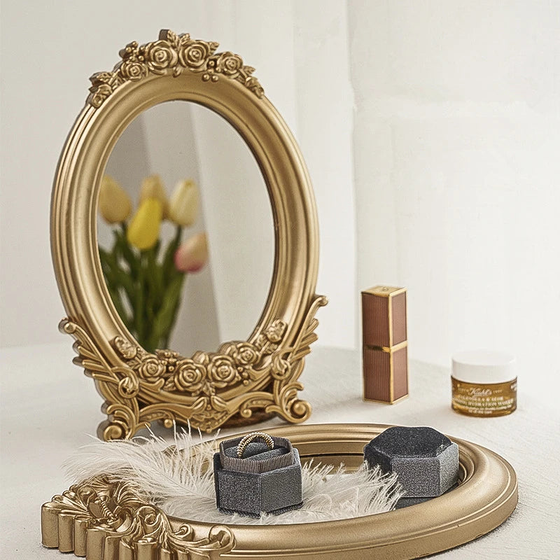 Molde de escultura rústica, espelho dourado, bandeja de decoração para casa, espelho decorativo para quarto, mesa, maquiagem
