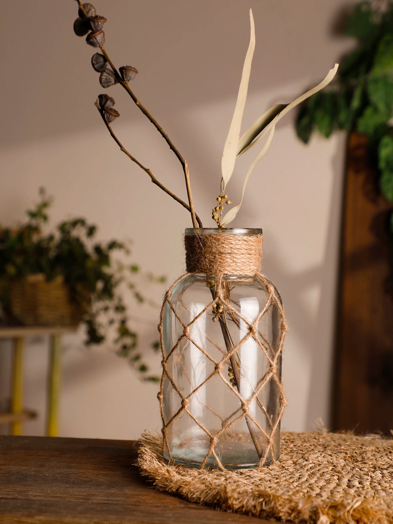 Mão tecido corda de cânhamo vaso de vidro flor seca decoração arte vaso de vidro nordic sala estar decoração mesa quarto boho decoração para casa