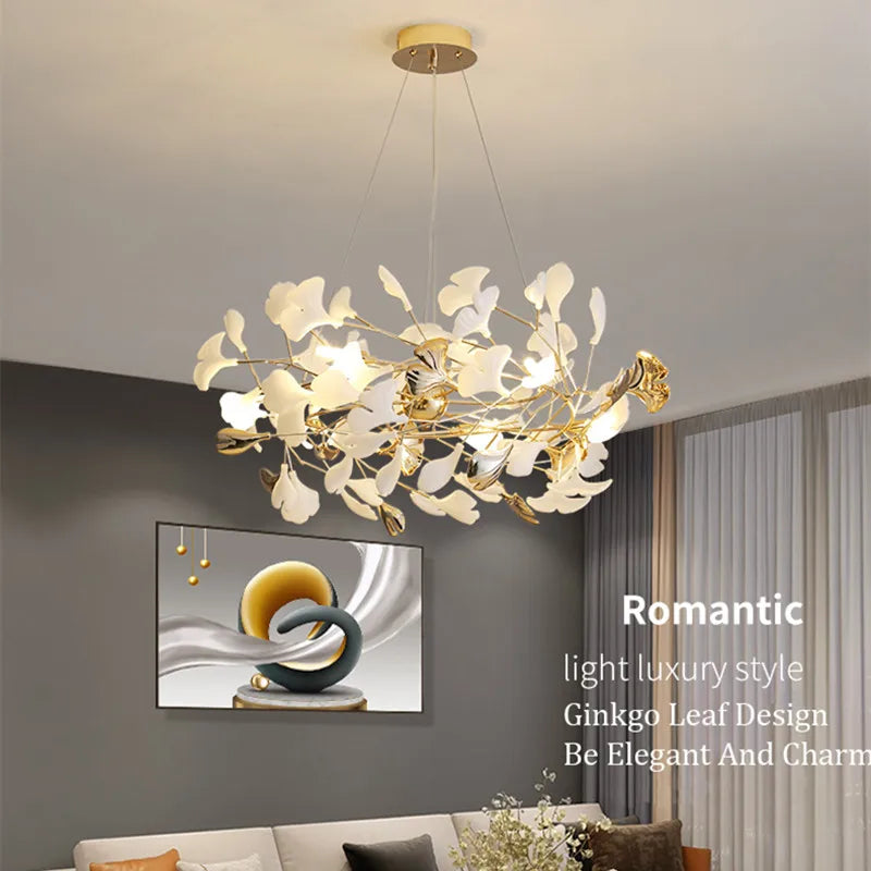 Moderno nórdico ginkgo ramo folha g9 led lustre de teto para sala estar jantar luminária decoração casa lustre iluminação interior