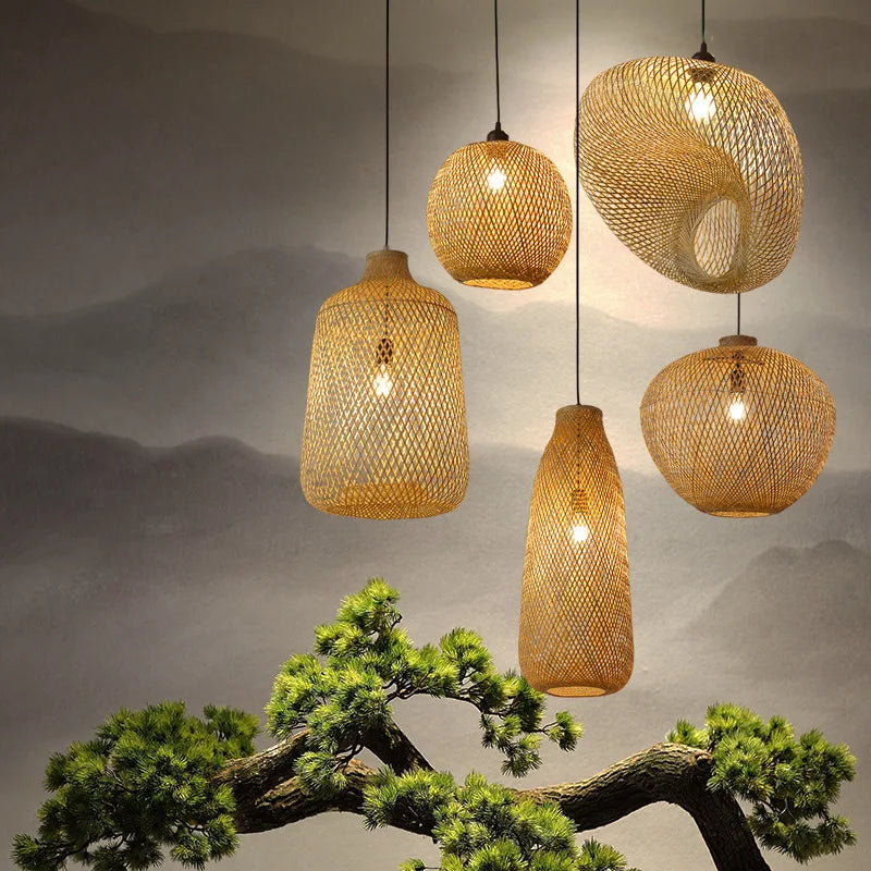 2025 mais novo pingente de bambu lâmpadas luzes teto rattan vime lustre mão malha trança suspensa casa jantar trançado decoração quente