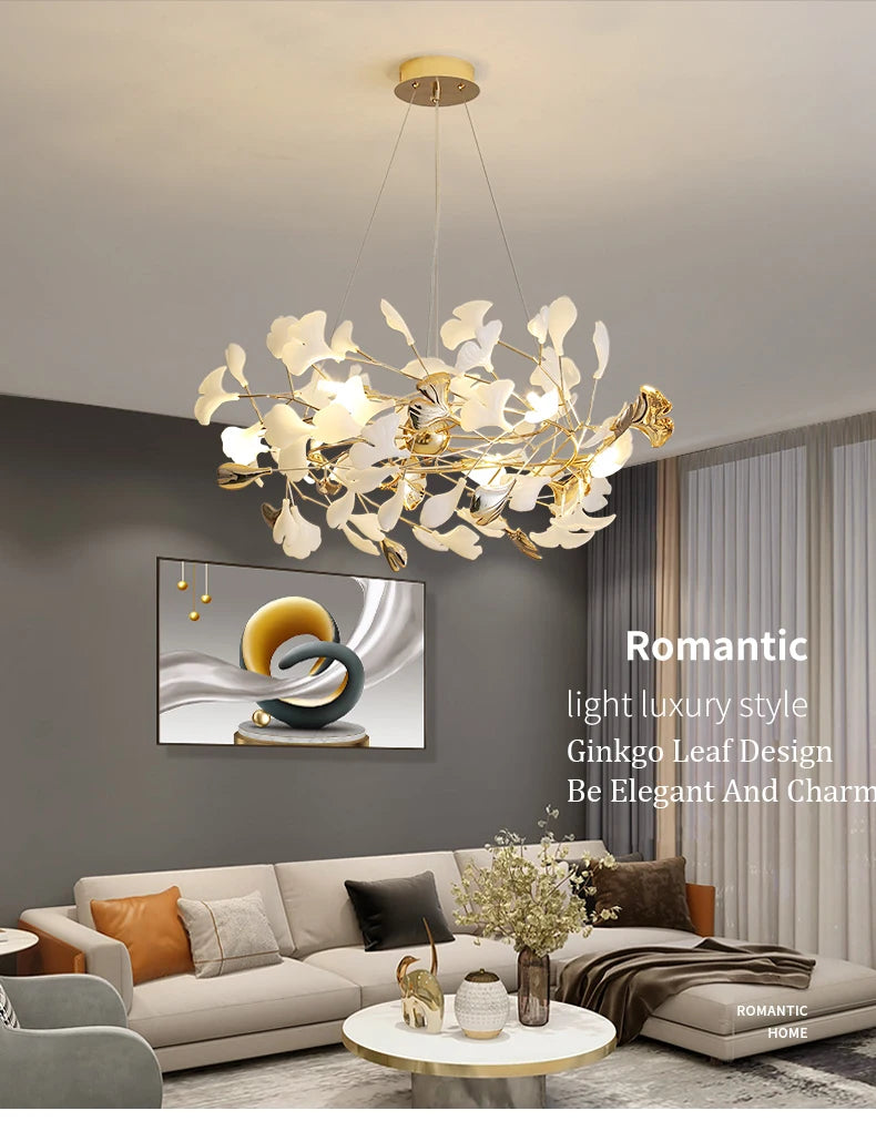 Moderno nórdico ginkgo ramo folha g9 led lustre de teto para sala estar jantar luminária decoração casa lustre iluminação interior