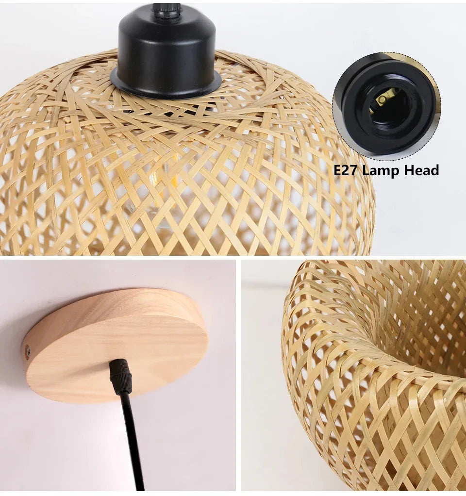 Lâmpada pingente de bambu lustre pendurado lâmpada artesanal rattan pingente luminária restaurante sala jantar iluminação interior