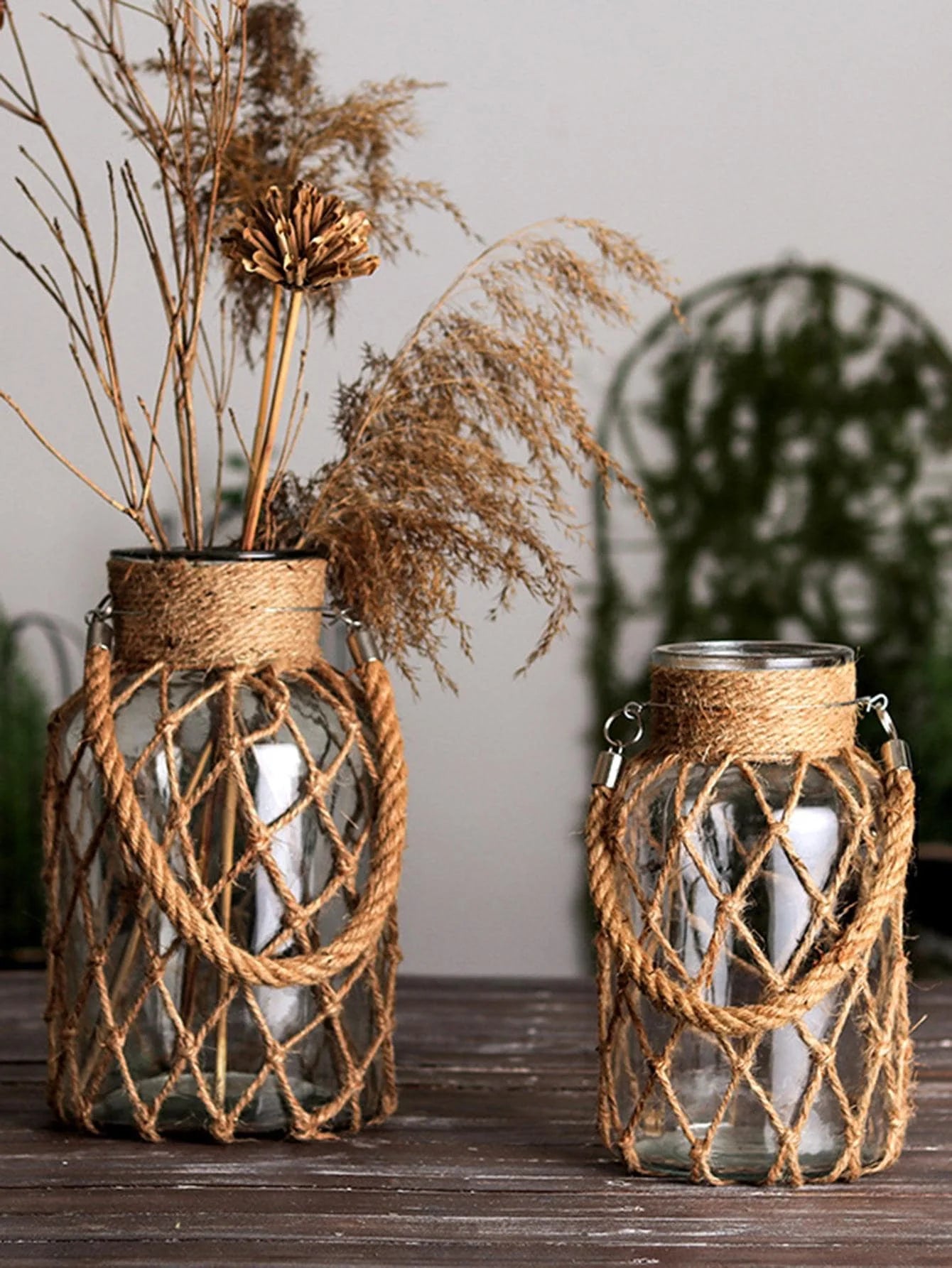 Mão tecido corda de cânhamo vaso de vidro flor seca decoração arte vaso de vidro nordic sala estar decoração mesa quarto boho decoração para casa