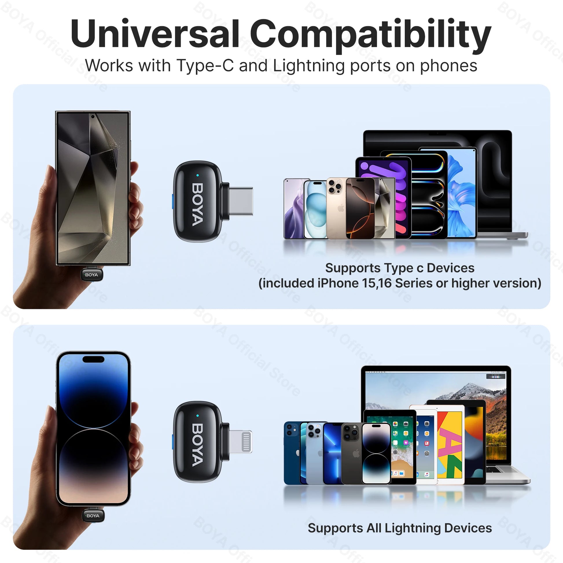 BOYA BOYA Mini Microfone de lapela sem fio com cancelamento de ruído para iPhone iPhone15-16 iPad Android Tipo C Smartphone, Câmera, YouTube Jogo Áudio ao vivo Gravação de vídeo Entrevista Vlog Transmissão sem fio 100m