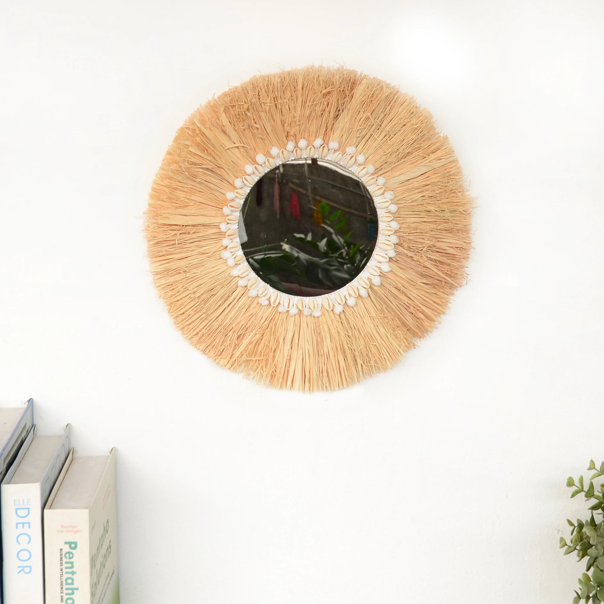 Boho mobiliário doméstico floresta ráfia espelhos de parede decorativos ráfia tecido escudo pequeno fio bola tapeçaria sala estar decoração espelho