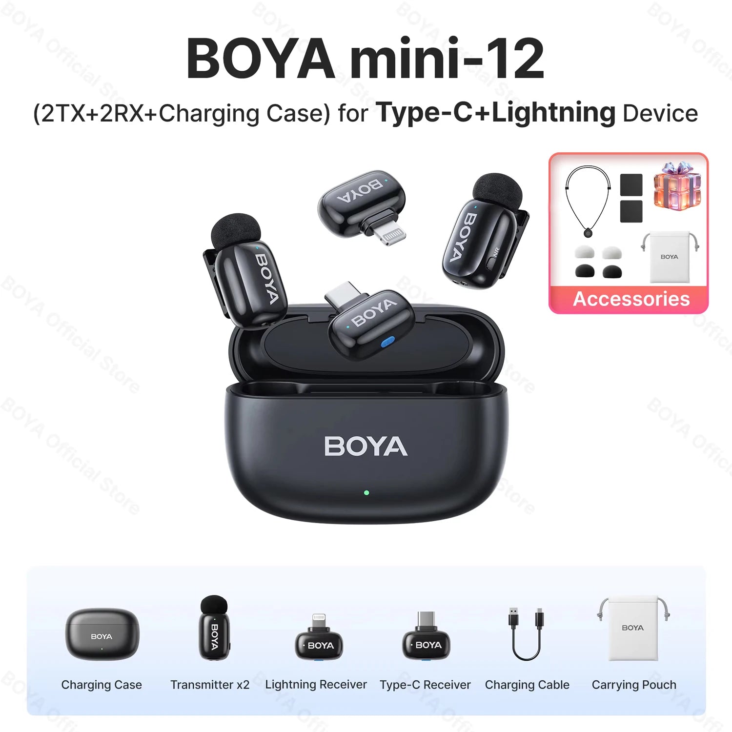 BOYA BOYA Mini Microfone de lapela sem fio com cancelamento de ruído para iPhone iPhone15-16 iPad Android Tipo C Smartphone, Câmera, YouTube Jogo Áudio ao vivo Gravação de vídeo Entrevista Vlog Transmissão sem fio 100m