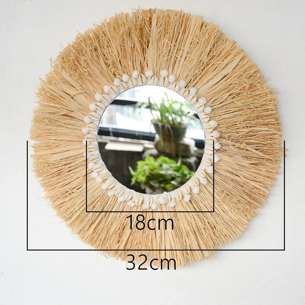 Boho mobiliário doméstico floresta ráfia espelhos de parede decorativos ráfia tecido escudo pequeno fio bola tapeçaria sala estar decoração espelho