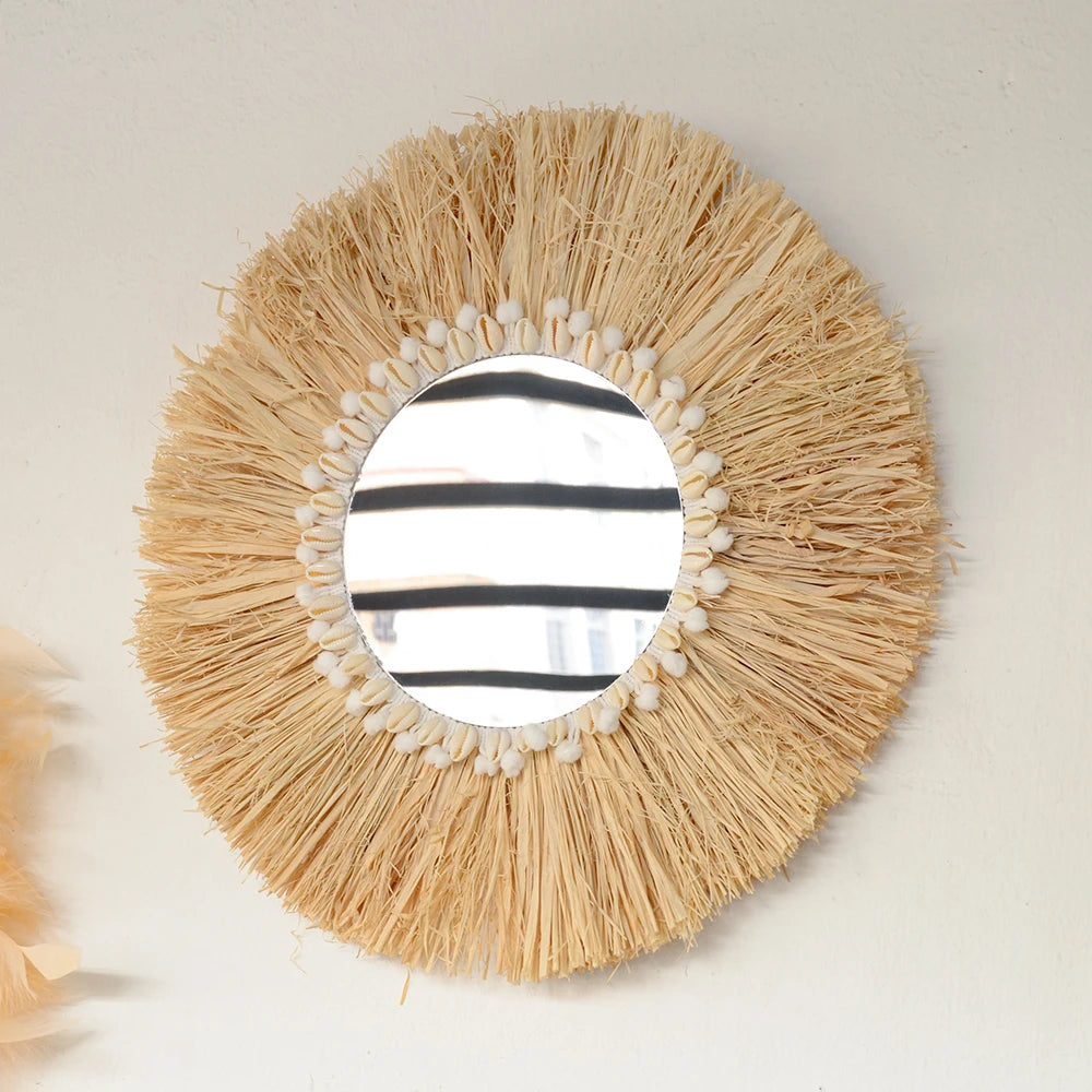 Boho mobiliário doméstico floresta ráfia espelhos de parede decorativos ráfia tecido escudo pequeno fio bola tapeçaria sala estar decoração espelho