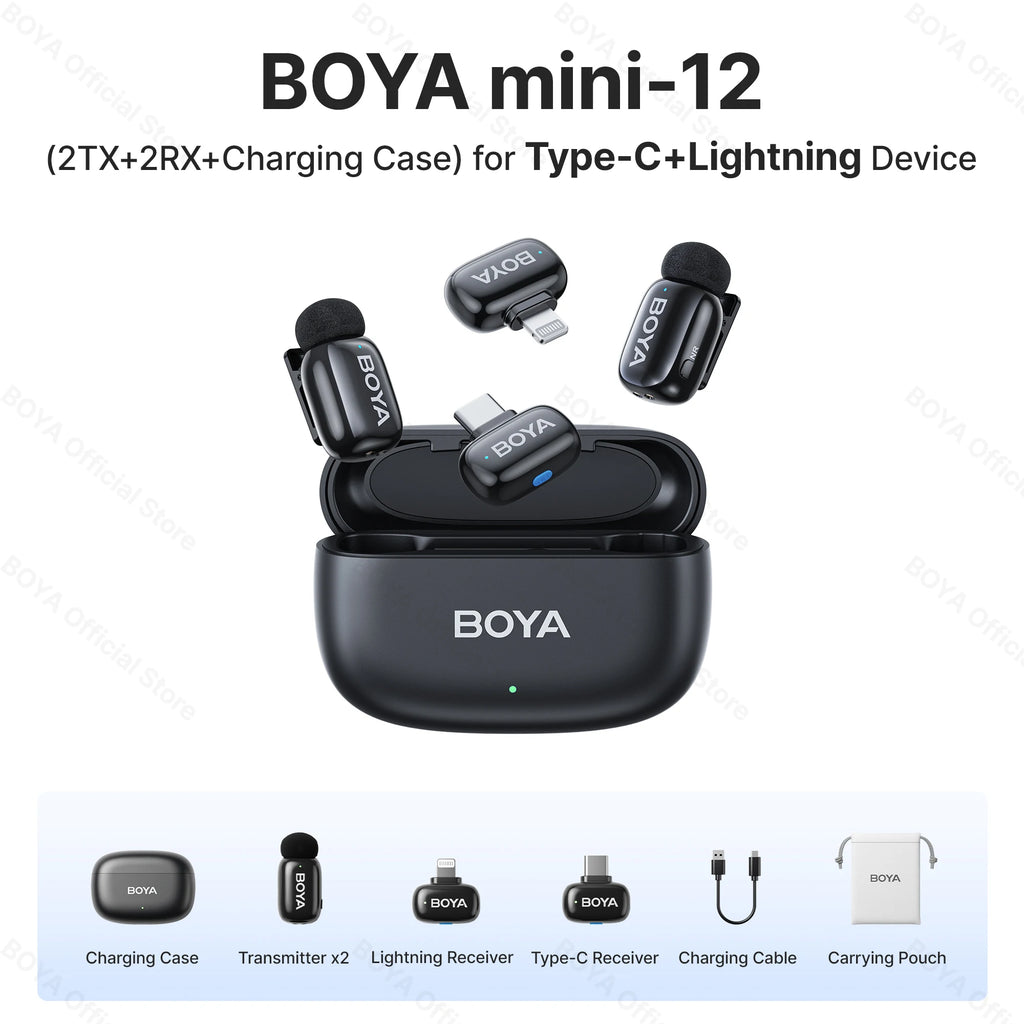 BOYA BOYA Mini Microfone de lapela sem fio com cancelamento de ruído para iPhone iPhone15-16 iPad Android Tipo C Smartphone, Câmera, YouTube Jogo Áudio ao vivo Gravação de vídeo Entrevista Vlog Transmissão sem fio 100m