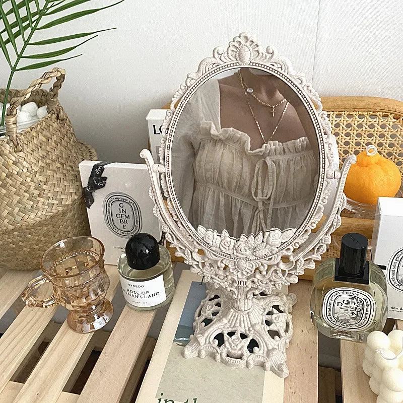 Design floral Home Decor Mirror, Material elegante do olhar do vintage, Europeu requintado Oval Handhold Mirror, Decoração do quarto