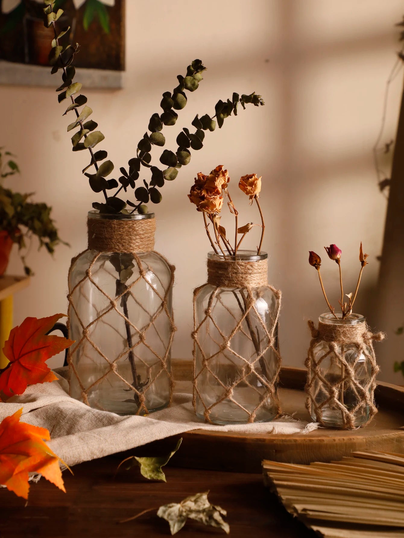 Mão tecido corda de cânhamo vaso de vidro flor seca decoração arte vaso de vidro nordic sala estar decoração mesa quarto boho decoração para casa