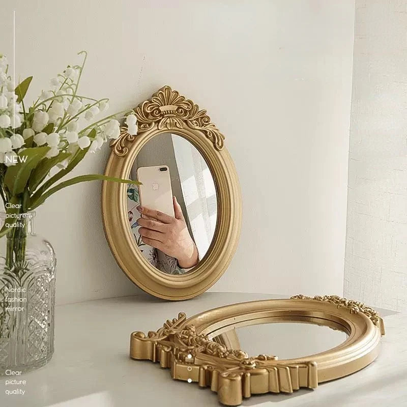 Molde de escultura rústica, espelho dourado, bandeja de decoração para casa, espelho decorativo para quarto, mesa, maquiagem