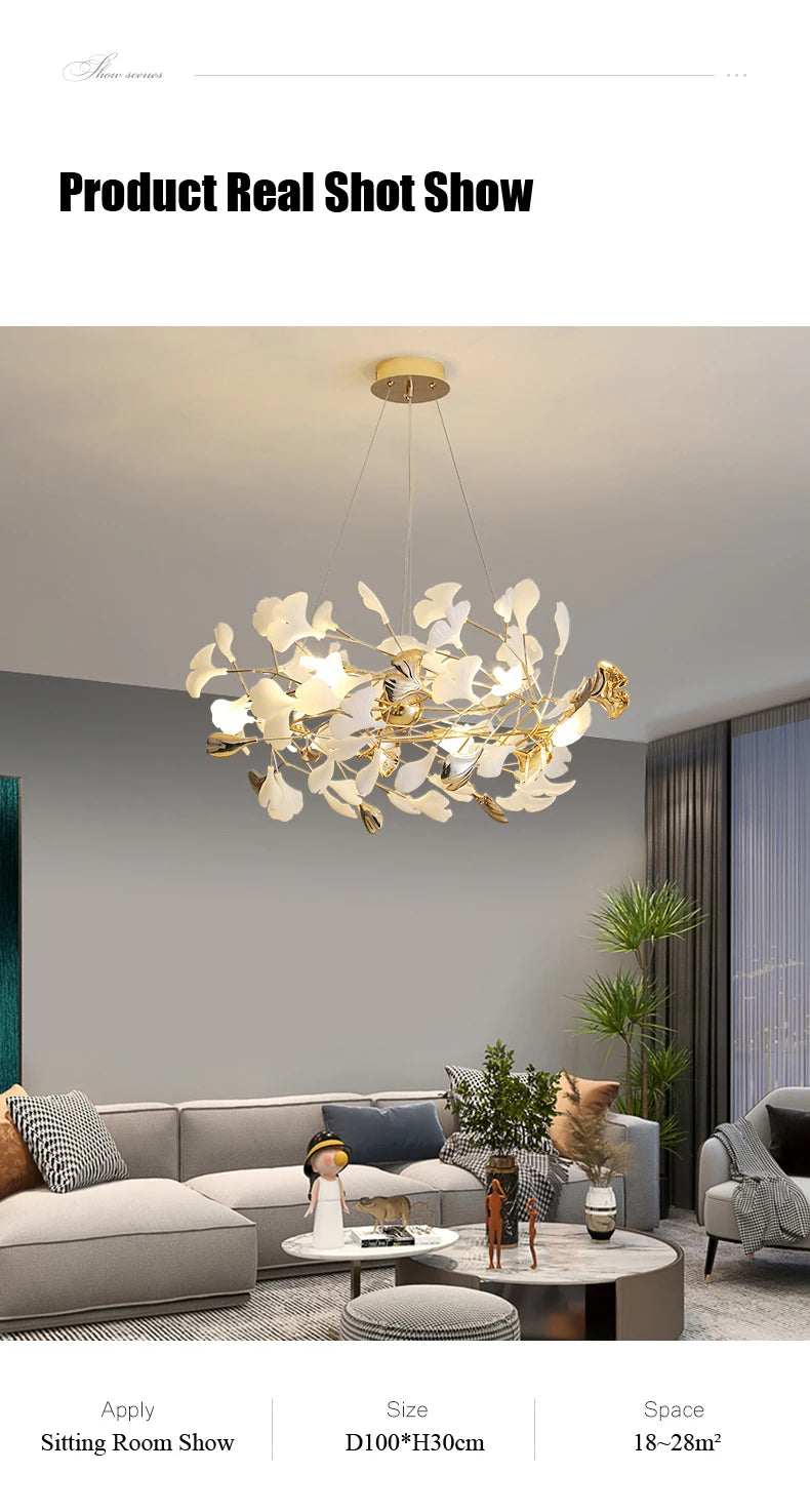 Moderno nórdico ginkgo ramo folha g9 led lustre de teto para sala estar jantar luminária decoração casa lustre iluminação interior