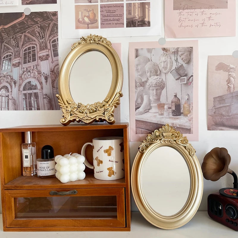 Molde de escultura rústica, espelho dourado, bandeja de decoração para casa, espelho decorativo para quarto, mesa, maquiagem