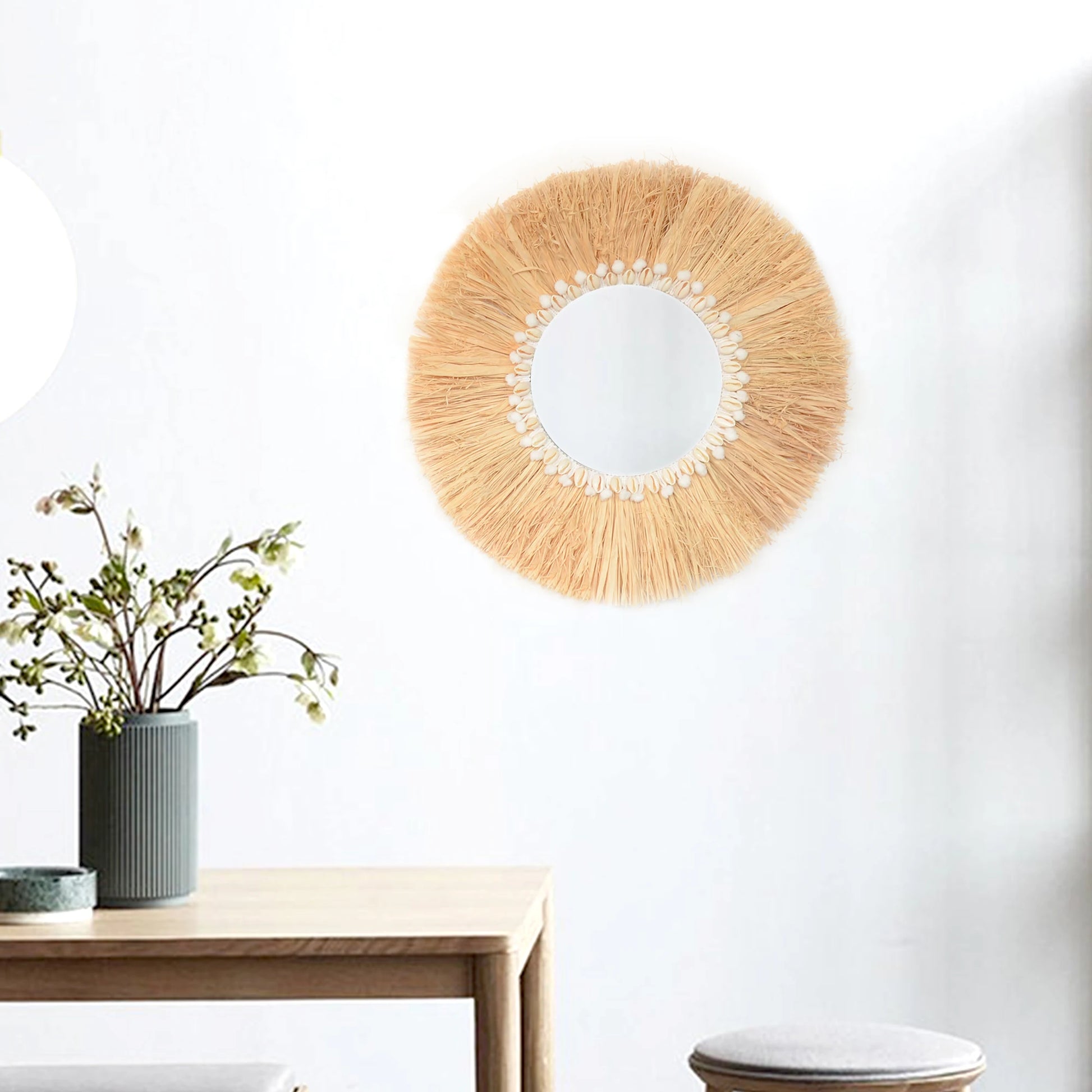 Boho mobiliário doméstico floresta ráfia espelhos de parede decorativos ráfia tecido escudo pequeno fio bola tapeçaria sala estar decoração espelho