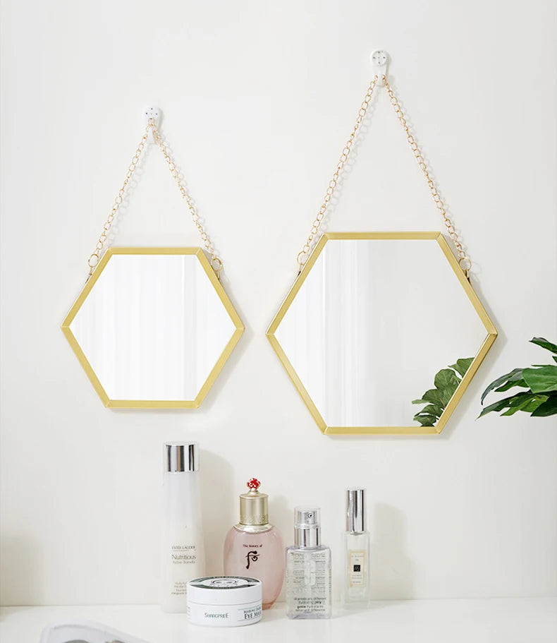 Forma hexagonal espelho decorativo decoração da parede maquiagem pendurado espelho banheiro espelho cosmético quarto decoração da parede